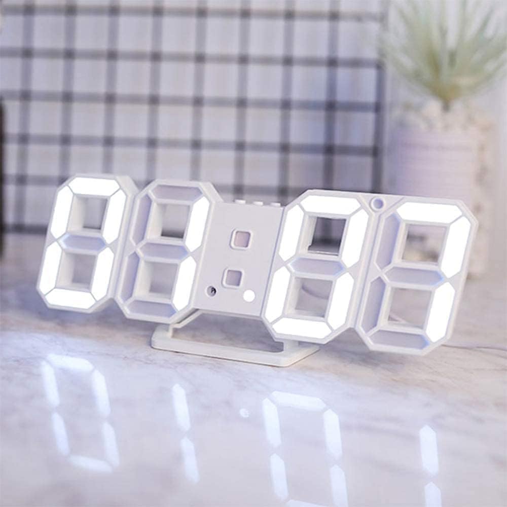 ساعة حائط رقمية باضاءة LED ثلاثية الابعاد باضاءة بيضاء مع سطوع تلقائي قابل للتعديل، عرض درجة حرارة 12/24 ساعة، ساعة منبه بضوء ليلي كهربائي لديكور المنزل العصري
