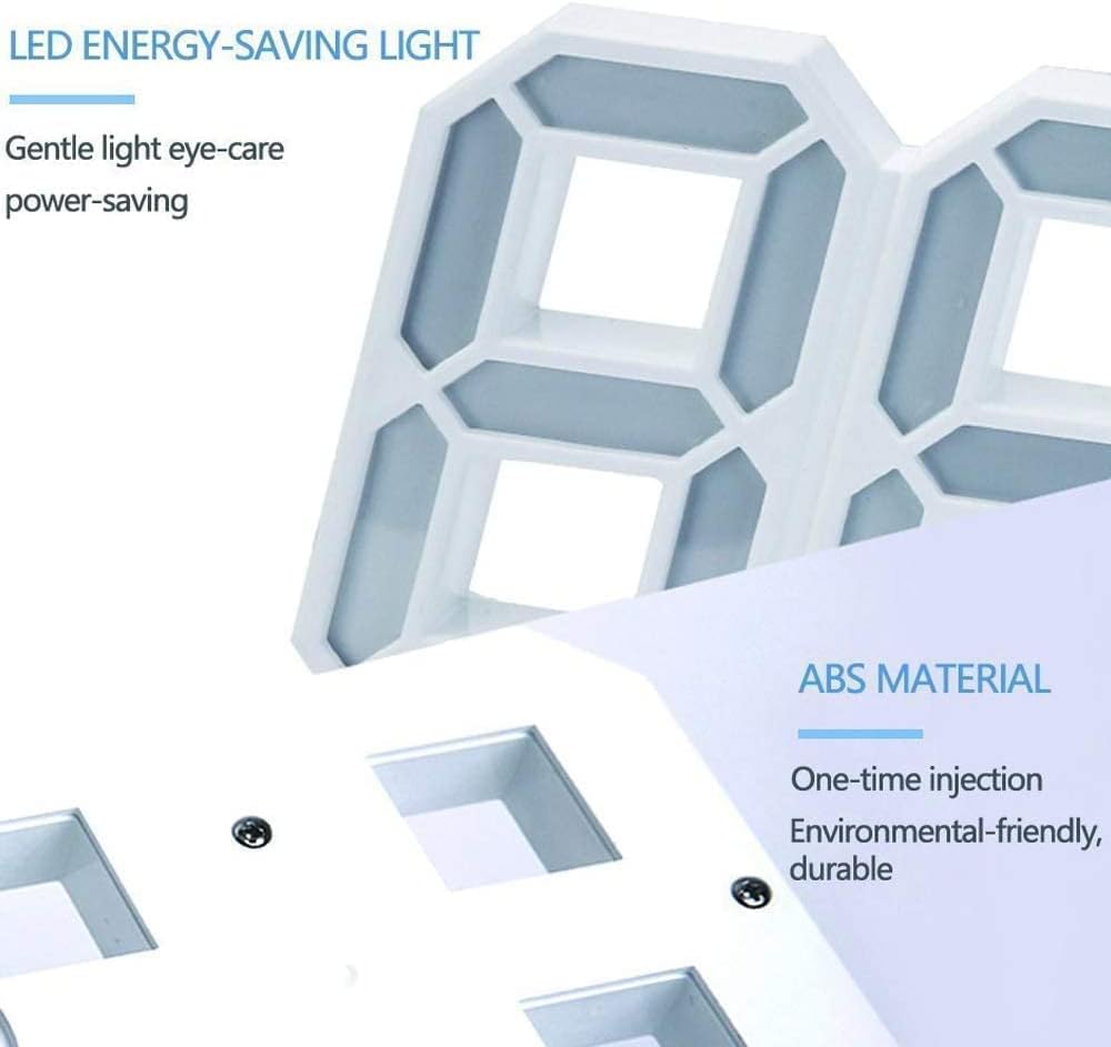 ساعة حائط رقمية باضاءة LED ثلاثية الابعاد باضاءة بيضاء مع سطوع تلقائي قابل للتعديل، عرض درجة حرارة 12/24 ساعة، ساعة منبه بضوء ليلي كهربائي لديكور المنزل العصري